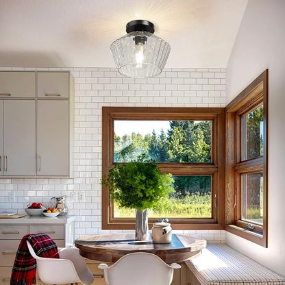 FRIDEKO HOME Semi Flush Mount Ceiling Light - Glass Hallway Lighting Fixtures Ceiling Black Ceiling Light Fixture for Hallway Bedroom Kitchen Bathroom Entryway (Black)