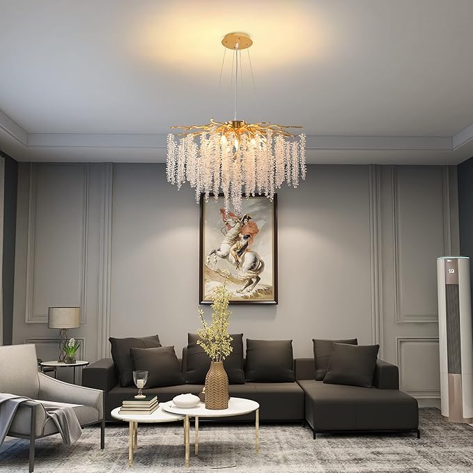 Crystal Tree Branches Chandeliers Gold Luxury Round Raindrop Pendant Light Fixture 9 Light Tassel Ceiling Hanging Light for Dining Room Bedroom Living Room Entryway 23.7"