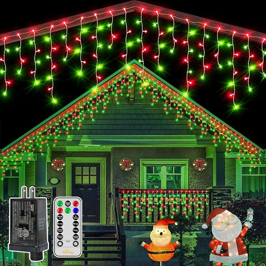 Ollny Icicle Lights for Outside 504LED 41FT, Red and Green Christmas Light with Remote 8Modes Timers Waterproof, Plug in Connectable Hanging Lights for Outdoor Indoor House Roof Holiday
