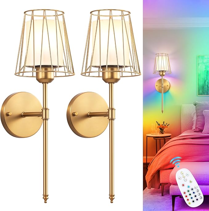 VbiTmn Wall Sconces Set of Two, Gold Wall Sconces Battery Operated, Rechargeable Wireless Wall Lights with Remote, 15 Colors Dimmable 3000K-6000K, Brass Wall Lamps for Bedroom Living Room