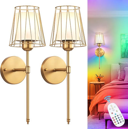 VbiTmn Wall Sconces Set of Two, Gold Wall Sconces Battery Operated, Rechargeable Wireless Wall Lights with Remote, 15 Colors Dimmable 3000K-6000K, Brass Wall Lamps for Bedroom Living Room