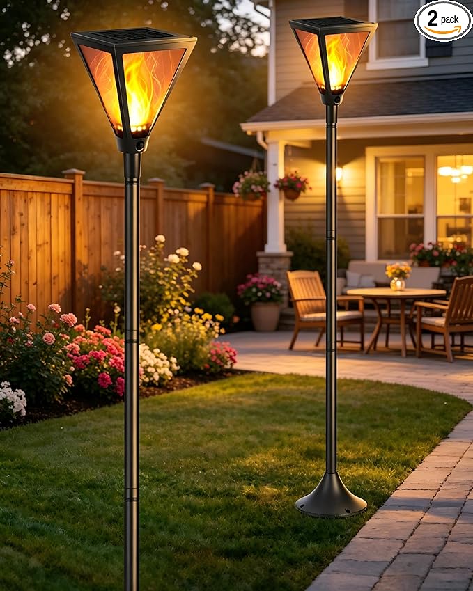 iBaycon 2 Pack 54" Solar Flame Post Lights, Flickering Flame Solar Lamp Post Lights Outdoor Waterproof for Yard Lawn Patio Decor