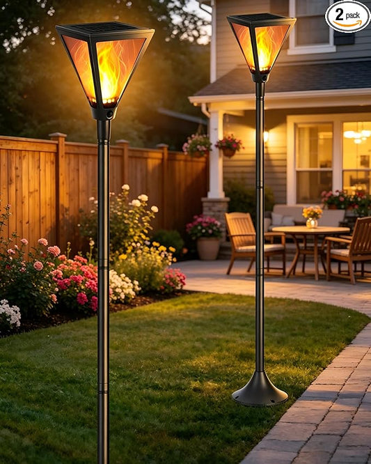 iBaycon 2 Pack 54" Solar Flame Post Lights, Flickering Flame Solar Lamp Post Lights Outdoor Waterproof for Yard Lawn Patio Decor