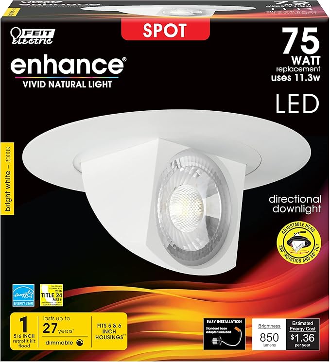 Feit Electric 5-6 inch Adjustable Scoop Recessed LED Downlight - 3000K Bright White - Dimmable - 75W Equivalent - 45 Year Life - 850 Lumen - High CRI (Pack of 2)