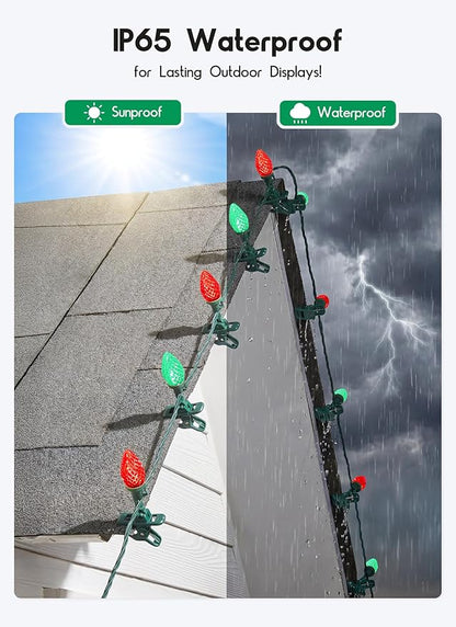 C9 LED Christmas Lights Outdoor, 68 Feet 100 LED Strawberry String Lights With 100 Spring Clamps, Waterproof Commercial Grade Extendable for Outside Roofline Patio Home Xmas Decoration, Red & Green
