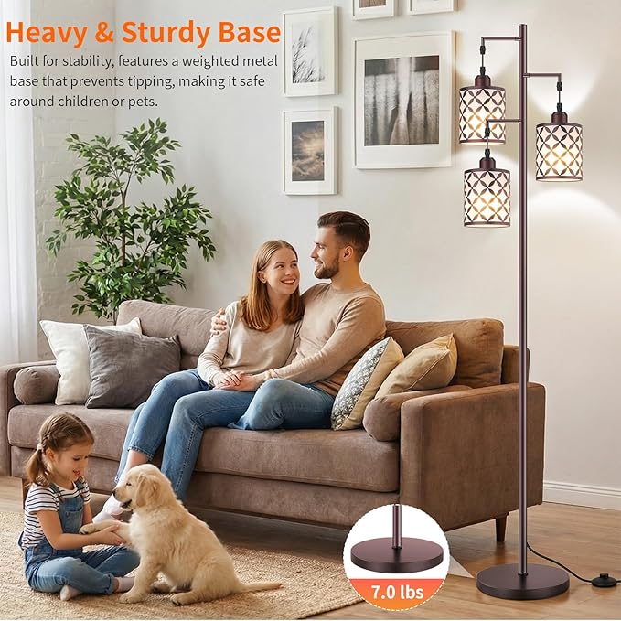 Dimmable Floor Lamp, Farmhouse Standing Lamp with Elegant Metal Cage, Industrial Tall Tree Floor Lamps for Living Room, Bedroom, Study Room, Office, 3 x 1100LM LED Bulbs Included, 72",Brown