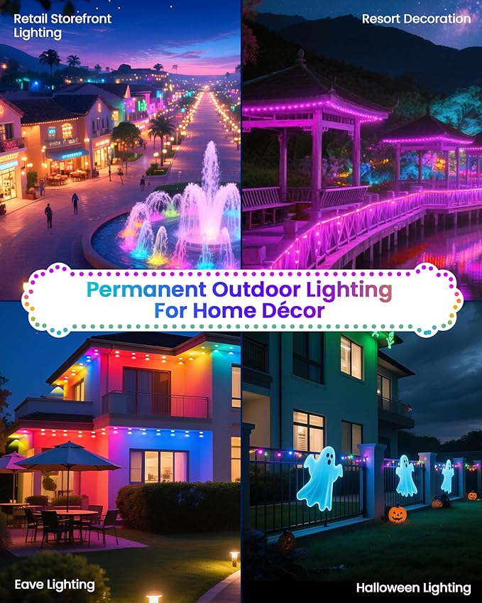 KISUFU 50FT Permanent Outdoor Lights for House, 24V RGB+IC Smart Outside Lights with 221 Modes, App & Remote Control, IP68 Waterproof, Year-Round Roof & Eaves Lighting for Valentine, Holidays (50FT)