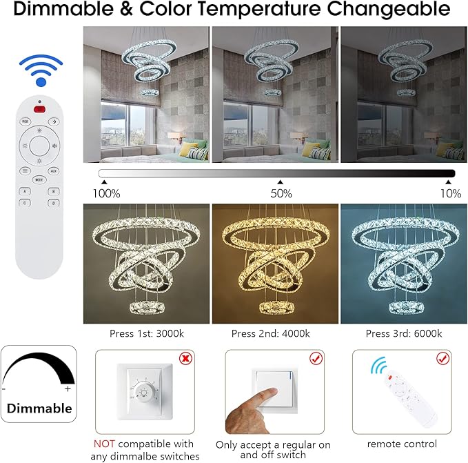 Modern Crystal Chandelier, Dimmable 4 Rings LED Linear Chandelier Dining Room Light Fixture with Remote for Entryway, Bedroom,Living Room and Foyer