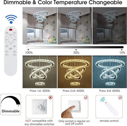 Modern Crystal Chandelier, Dimmable 4 Rings LED Linear Chandelier Dining Room Light Fixture with Remote for Entryway, Bedroom,Living Room and Foyer