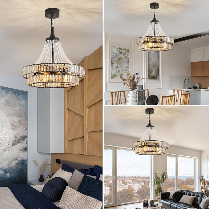 24" Modern Crystal Caged Fandelier, Smart Chandelier Fan with Remote and APP Control, Double Layer Ceiling Fan with Light for Dining Living Room Bedroom, Italian Design-Black