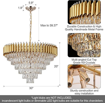 AXILIXI Gold Crystal Chandelier, Modern 30" Round Chandeliers for Dining Room K9 6-Tier Extra Large Ceiling Pendant Light Fixtures Golden Luxury Chandelier for Foyer Living Room Staircase