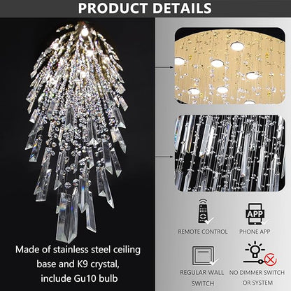 78'' Modern Crystal Chandelier High Ceiling Chandeliers for Entryway Large Raindrop Chandeliers LED Dimmable Flush Mount Light Fixtures for Staircaes Foyer Hallway Living Room LED Bulbs Included Gold