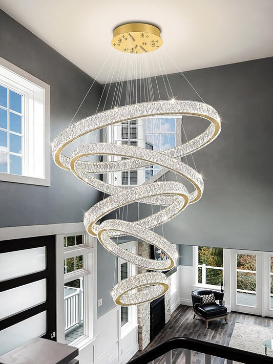 Modern 5 Ring Chandeliers for High Ceiling Foyer,Luxury Dimmable Crystal Ceiling Light Fixtures Staircase Entrance Villa Large Gold Chandelier D8''+15.7"+23.6"+31.5"+39.4"