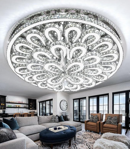47'' Modern Crystal Chandeliers for Living Room Large Chandelier Ceiling Light Fixture LED Dimmable with Remote Flush Mount Lighting for Dining Room Bedroom Silver