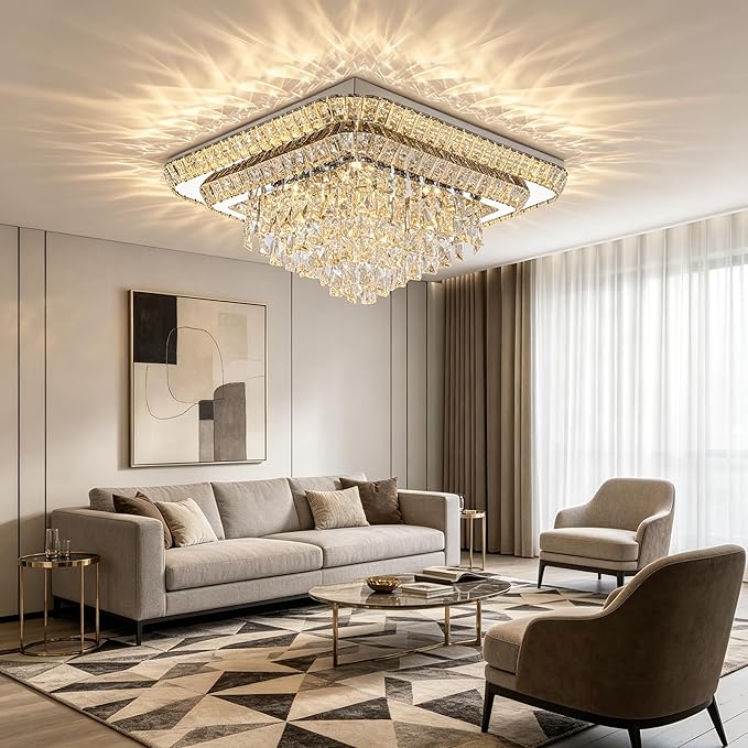 Miuyhji Elegant LED Crystal Raindrop Ceiling Light, 24 in Square Flush Mount Chandelier with Remote for Living Room Kitchen Island Bedroom Hallway Entryway Foyer (Dimmable)