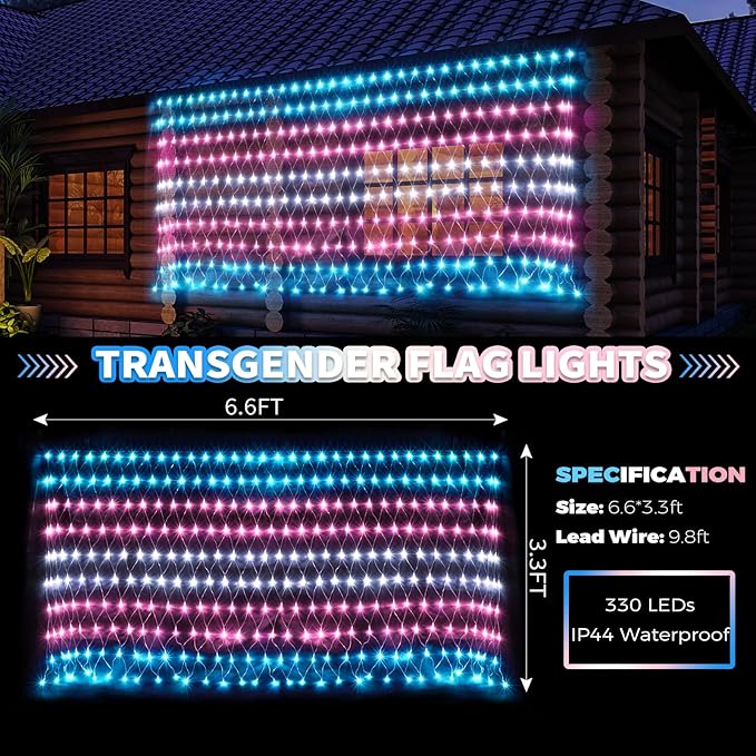 RJZZ Trans Flag Lights Outdoor, 6.6x3.3 FT Trans Pride Flag Pride Decorations Connectable, 330LED Waterproof Transgender Flags with Lights, Pride Month Decorations for Room, Yard, Party, Office