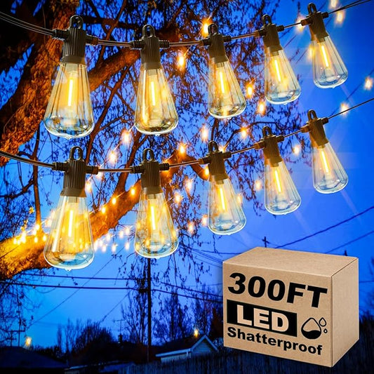 Zuske Outdoor String Lights Waterproof, 300FT Patio Lights with 146 Shatterproof ST38 Globe Bulbs(6 Spare), Connectable Dimmable LED Hanging String Lights for Outside Backyard Porch Balcony(150FT x 2)