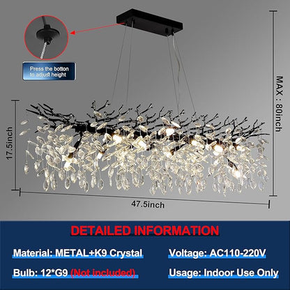 Modern Crystal Tree Branches Chandelier, 47.5in Black 14 Lights Large Ceiling Hanging Light for Dining Room, Rectangle Raindrop Pendant Light Fixture
