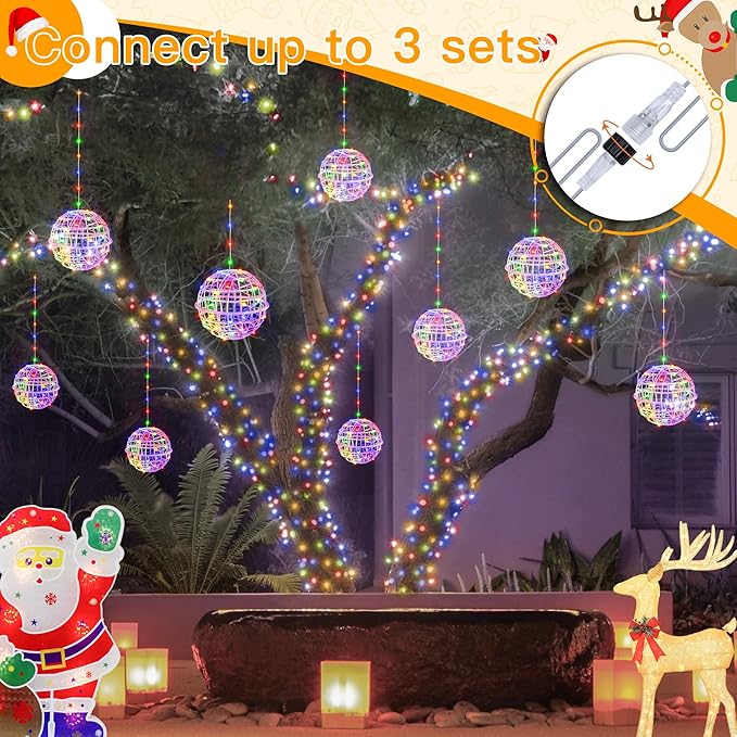 Ollny Christmas Lights Outdoor 4Pack 7.87inch, Multicolor 200 LED Ball Light with Plug in Remote, 8 Modes IP67 Waterproof Connectable Sphere Tree Lights for Indoor House Yard Garage Decorations