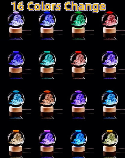3.15 inch Mushroom Crystal Ball lamp,3D K9 Mushroom Crystal Ball Night Light with Wooden Base,16 Colors Change with Remote Control (Moon)