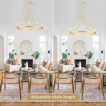 Gold Wagon Wheel Chandelier for Dining Room Light Fixture 12Light Gold Chandelier for Foyer 38inch 27-86" Height Adjustable Pendant Light for Flat Sloped Ceilings Dining Room Kitchen Island Entryway