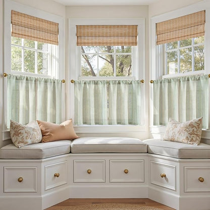 jinchan Striped Linen Kitchen Curtains 20 Inches Length Tier Curtains Farmhouse Modern Cafe Style Small Window Treatments Airy Light Filtering Rod Pocket for Living Room Bathroom 2 Panels Sage Green