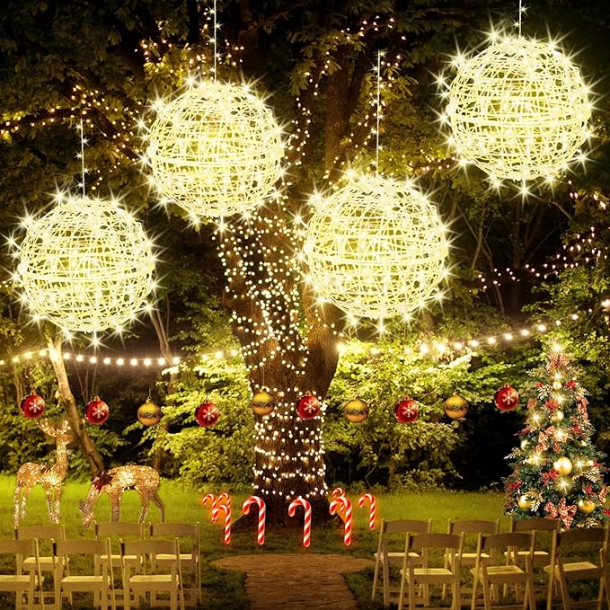 Baung Christmas String Lights Outdoors,4 Pack 15.74" Sphere Lights,Ball Tree Garden Globe Lights for Home, Party, Christmas, Porch Patio,Wedding, Garden,Tree Decoration with Plug