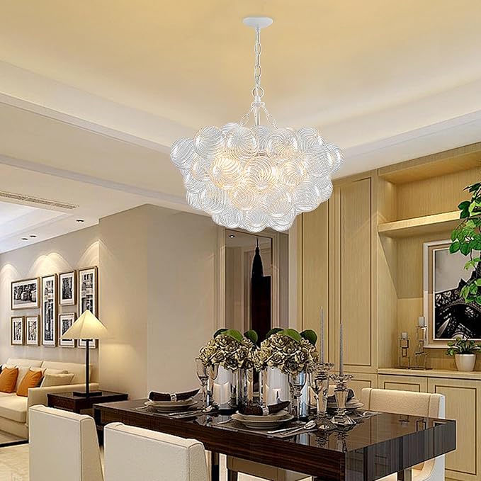 Hand Blown Glass Bubble Ball Chandelier White Finish 20" Small Pendant Lights Art Deco Cluster Swirled Ribbed Globe Blown Glass Chandeliers for Dining Room Bathroom Entry Bedroom
