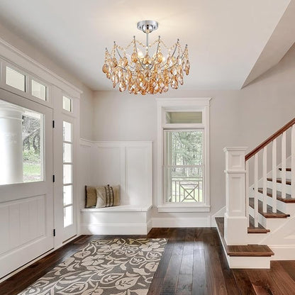 Crystal Ceiling Light Fixture, Modern Flush Mount Chandelier, 6-Lights Crystal Close to Ceiling Light, Chrome Hallway Light Fixtures for Bedroom Kitchen Entryway Bathroom Dining Room Living Room