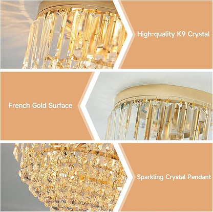 YMP&YZX Modern 3-Lights Crystal Chandelier French Gold,11.8" Semi Flush Mount Crystal Ceiling Light LED Round Chandelier Light E12 Base for Bedroom Living Room