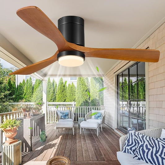 60 Inch Ceiling Fans with Lights Remote, 60" Flush Mount Outdoor Ceiling Fan Exterior, 3 Wood Blades, 6 Speeds, Timer, Quiet DC Motor Modern Low Profile Fan for Patio, 60in,Brown and Black