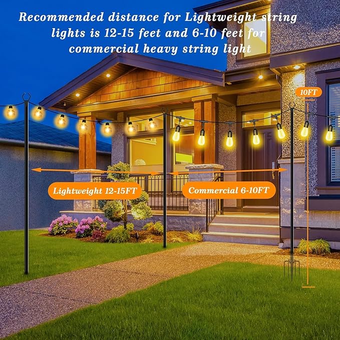 Mutovlin 10 Pack String Light Poles,10 Ft Light Poles for Outside String Lights,Outdoor Lights Pole with Fork,Metal Poles Stand for Patio Deck Backyard (10FT 10 Pack)