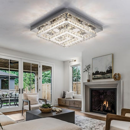 25" Crystal Chandelier with Remote/App Control, 3 Color Temperature Light Fixture & Brightness Adjustable, Modern Flush Mount LED Ceiling Light Fixture for Living Room Kitchen Hallway Dining Room