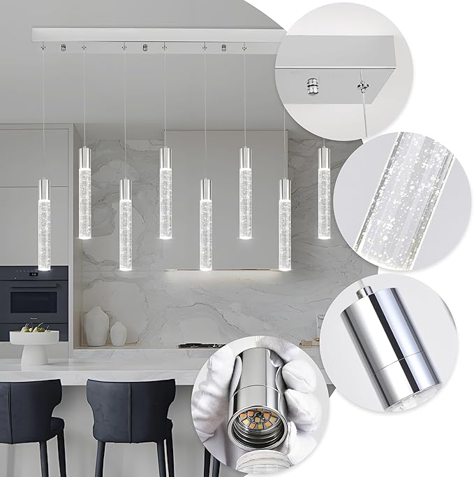 8 Light Pendant Lights Kitchen Island, Modern Chrome Crystal Pendants with Dimmable 3000K-6000K LED Ceiling Hanging Light Fixture for Dining Room Bedroom, Adjustable Height 78"