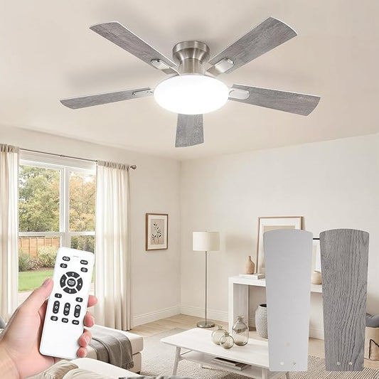 42 Inch Ceiling Fan with Lights and Remote, 30W 12" LED Panel Flush Mount Ceiling Fan, 6-Speed Quiet DC Motor Modern Low Profile Ceiling Fan with Reversible Blades for Bedroom, Living Room, Patio