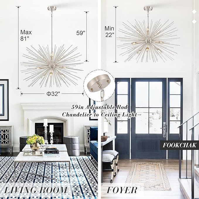 32in Nickel Sputnik Chandelier Solid Metal Starburst Chandelier Light Fixture 9-Light Mid Century Modern Satellite Light Fixture for Living Room Dining Room Foyer Study Room Bathroom
