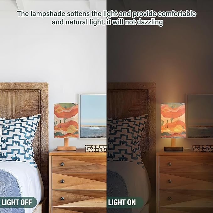 Bedside Table Lamp Western Desert Cacti Nightstand Lamp with Wood Desk Lamps for Bedroom Living Room Nursery Office Home Decor
