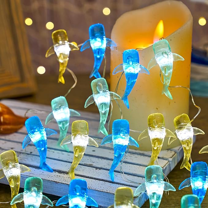 Nautical Theme Ocean Décor Outdoor Beach Decorative String Lights Whale Shark Cute Marine Life Novelty Night Lights 30LED 10ft Battery Operated for Outdoor Indoor Decor