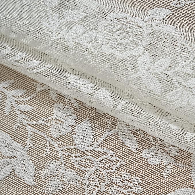 FINECITY Vintage Lace Curtains 72 Inch Length - Rustic Floral Branch Leaf Lace Window Curtains for Living Room, Privacy Scalloped Trim Cream Sheer Lace Curtains, 52 x 72 Inch, 2 Panels, Ivory/Cream