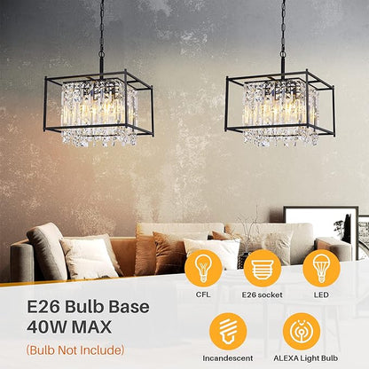 Modern Black Crystal Chandeliers, 16" Dining Room Chandelier, Adjustable Height,Luxury Ceiling Pendant Light Fixture for Entryway Foyer Kitchen Island Bedroom Living Room Hallway