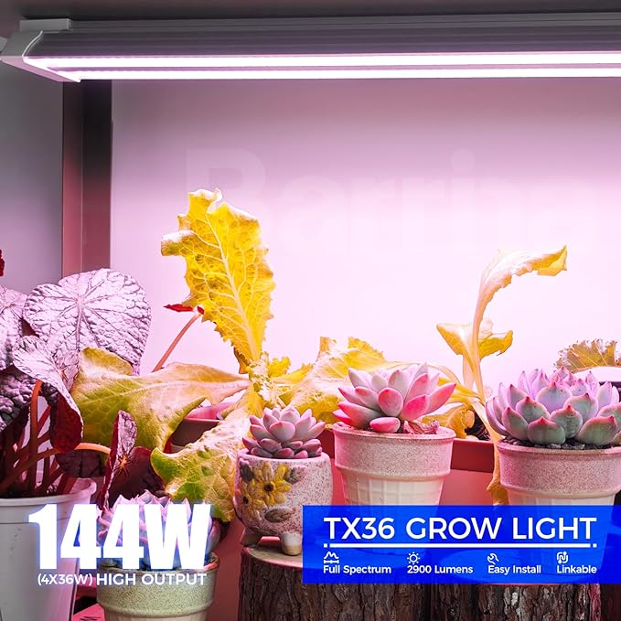 Barrina TX36 2FT LED Grow Light for Seed Starting, 144W(4 x 36W, 800W Equivalent), High PPFD, Full Spectrum, Mechanical Timer, Hang Grow Light from Seed to Flower with On/Off Switch, Linkable, 4 Packs