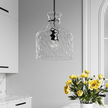ML Lighting | Santorini Collection | 22601-MB | Indoor 1 Light Metal Pendant in Matte Black with Water Glass Shade | Kitchens, Dining Rooms, Living Rooms, Entryways, Hallways