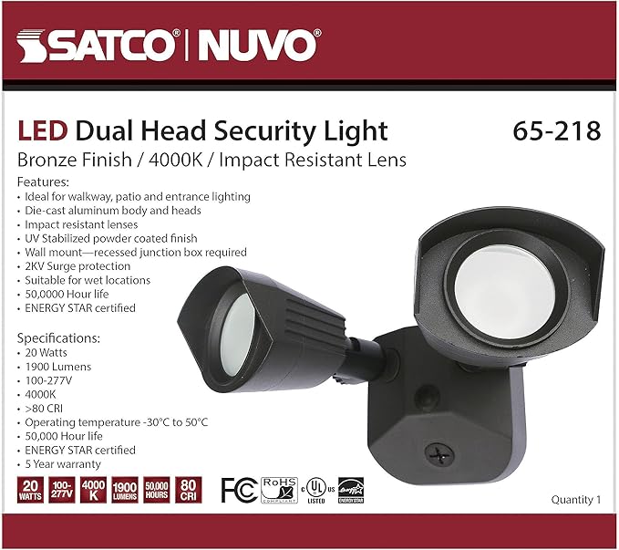 Nuvo 65/218 LED Dual-Head Security Light, 4000K, Bronze