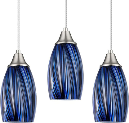 karyfine Dark Blue Glass Mini Pendant Lights for Kitchen Island 3Pack Blown Art Glass Pendant Lighting Shade Hanging Pendant Lights with Brushed Nickel Finish for Kitchen Over Sink,Dining Room