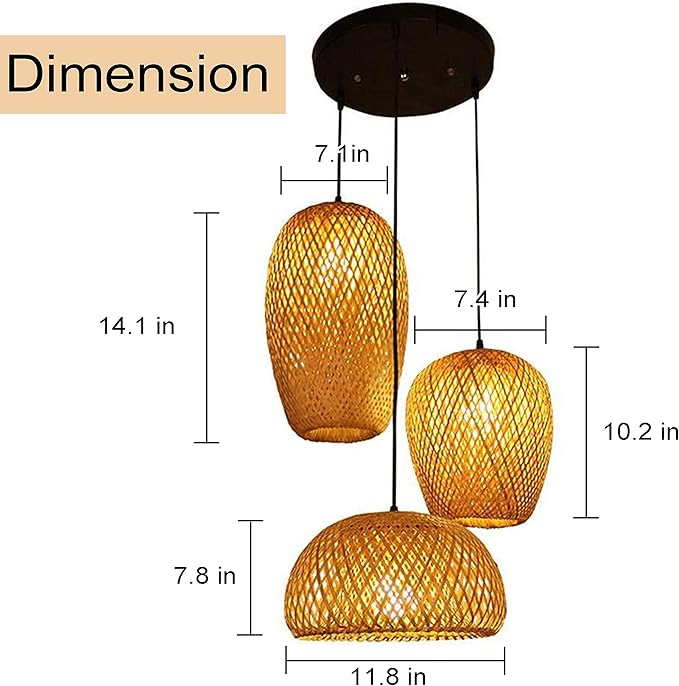 Bamboo Light Fixtures, 3 Headlights E26 E27 Retro Rustic Bamboo Wicker Rattan Chandelier Ceiling Hanging Light for Living Room Bedroom Farmhouse Restaurant Cafe Teahouse Bar Dining Room Club