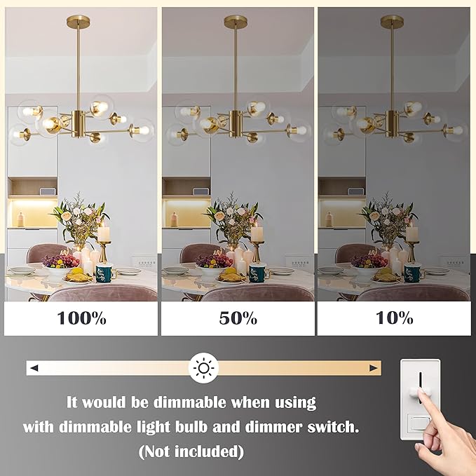 Bagood 8-Light Globe Sputnik Chandelier Modern Gold Sputnik Chandelier Mid Century Globe Pendant Light Brushed Brass Finished with Clear Glass Lampshade Chandeliers for Kitchen Bedroom