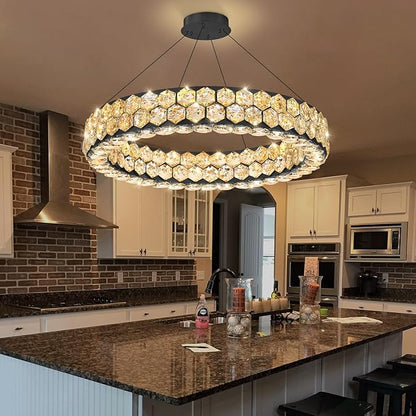 Modern Ring Chandelier, Crystal Chandeliers for Dining Room Round LED Ceiling Light Fixture for Living Room Bedroom Lighting Dimmable with Remote Black