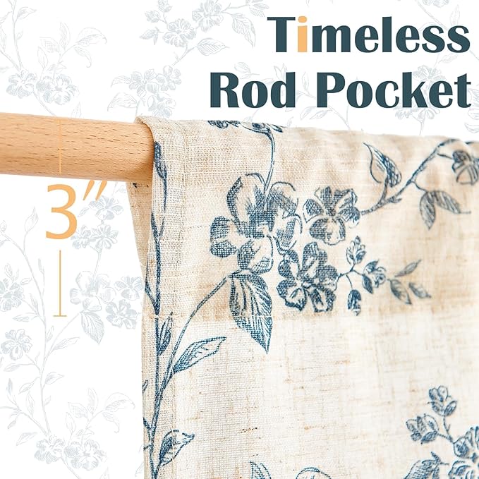 jinchan Floral Kitchen Curtains 30 Inch Linen Tier Curtains Farmhouse Cafe Half Window Drapes Over Sink Light Filtering Blue on Beige for Living Room Laundry RV Rod Pocket 2 Panels