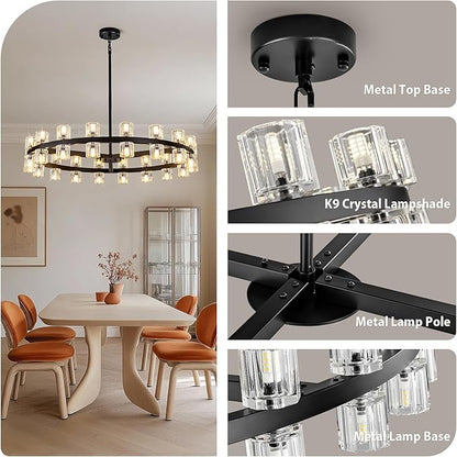 36-Light Large Black Chandeliers for High Ceilings, 36 Inch Crystal Wagon Wheel Chandelier, Farmhouse Industrial Round Chandelier Pendant Lighting Fixture for Dining Living Room Kitchen Island