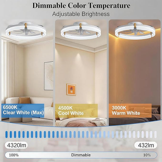 Ceiling Fans with Lights and Remote Fandelier - White 20'' Flush Mount Low Profile Modern Ceiling Fans for Bedroom - Stepless Color Temperature and 6 Speeds, White